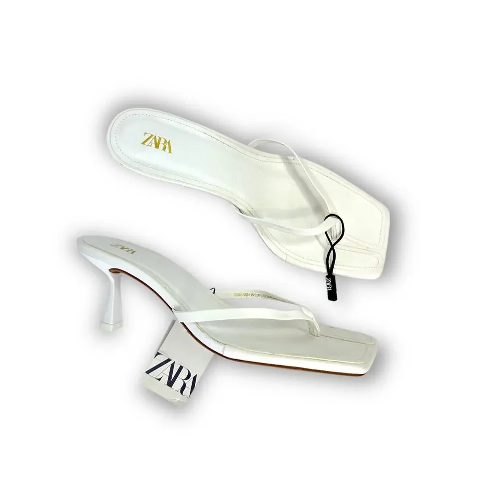 Zara Strappy Toe Post Heeled Leather Sandals Size EU 41 US 10 White Square Toe - Picture 1 of 14